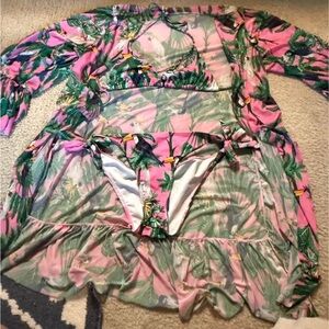 Tropical Print Bikini Set with Cover-Up